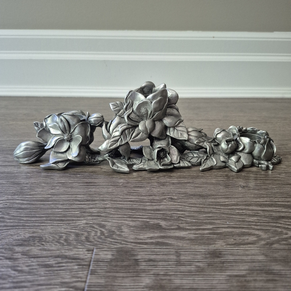 Seagull Pewter Floral 3 Candle Holder Etain Zinn Canada CH219 Silver